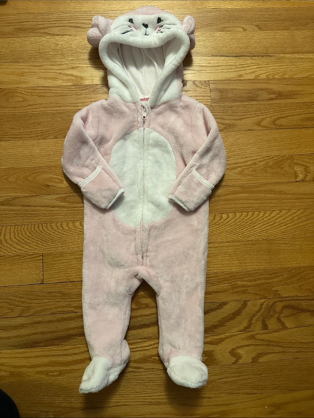 Penelope Mack Pink and White Bunny Fleece Footie with Hood, 0-3 months